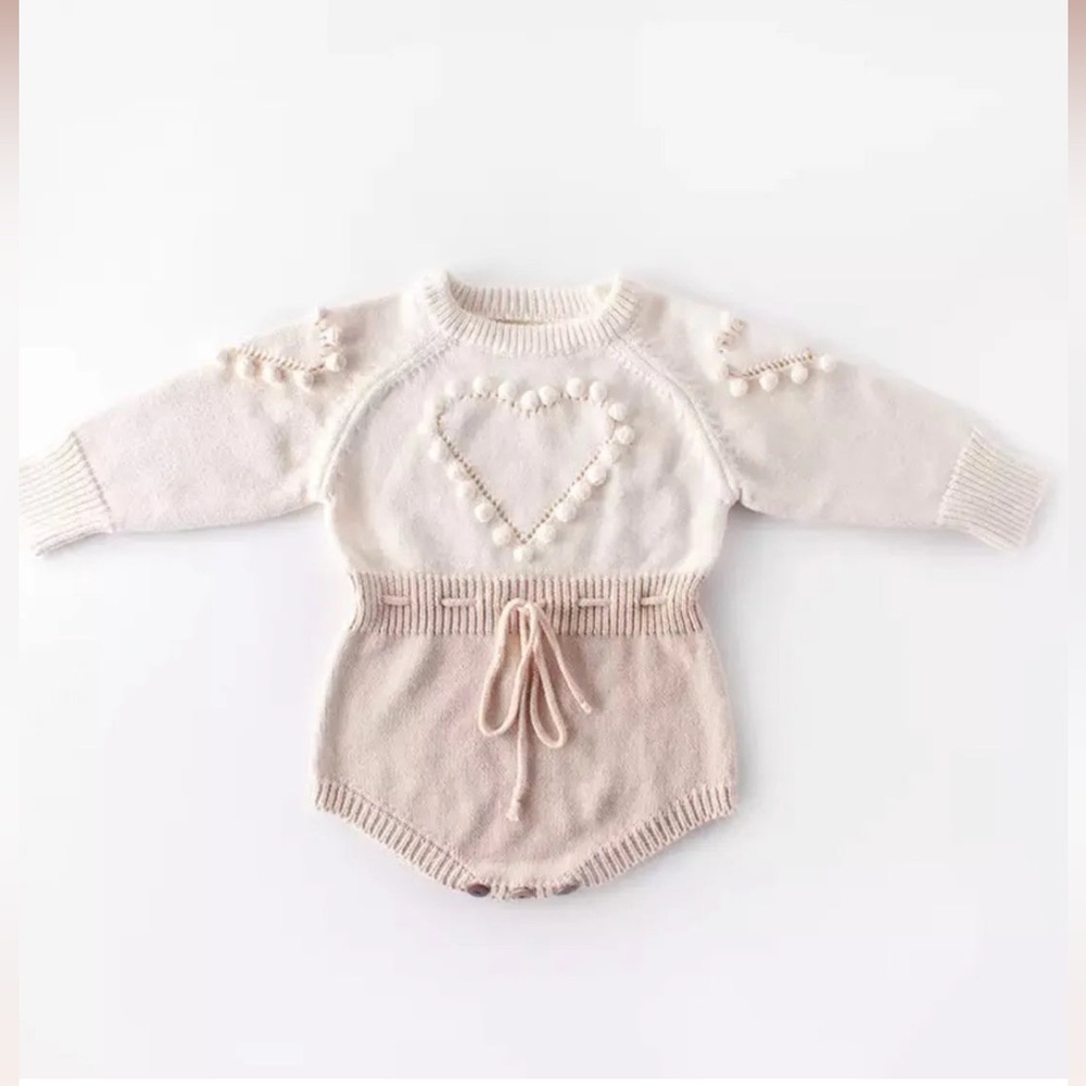 Cozy Knit Heart Long Sleeve Romper - Cream and Tan - Picture 2 of 8